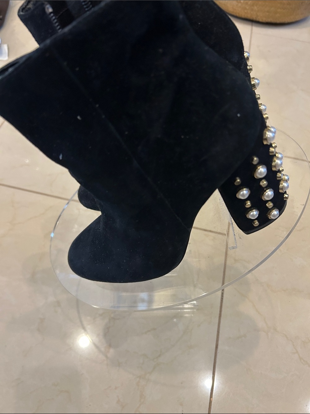 Steve Madden Black Suede Pearl-Stud Block Heel Boot